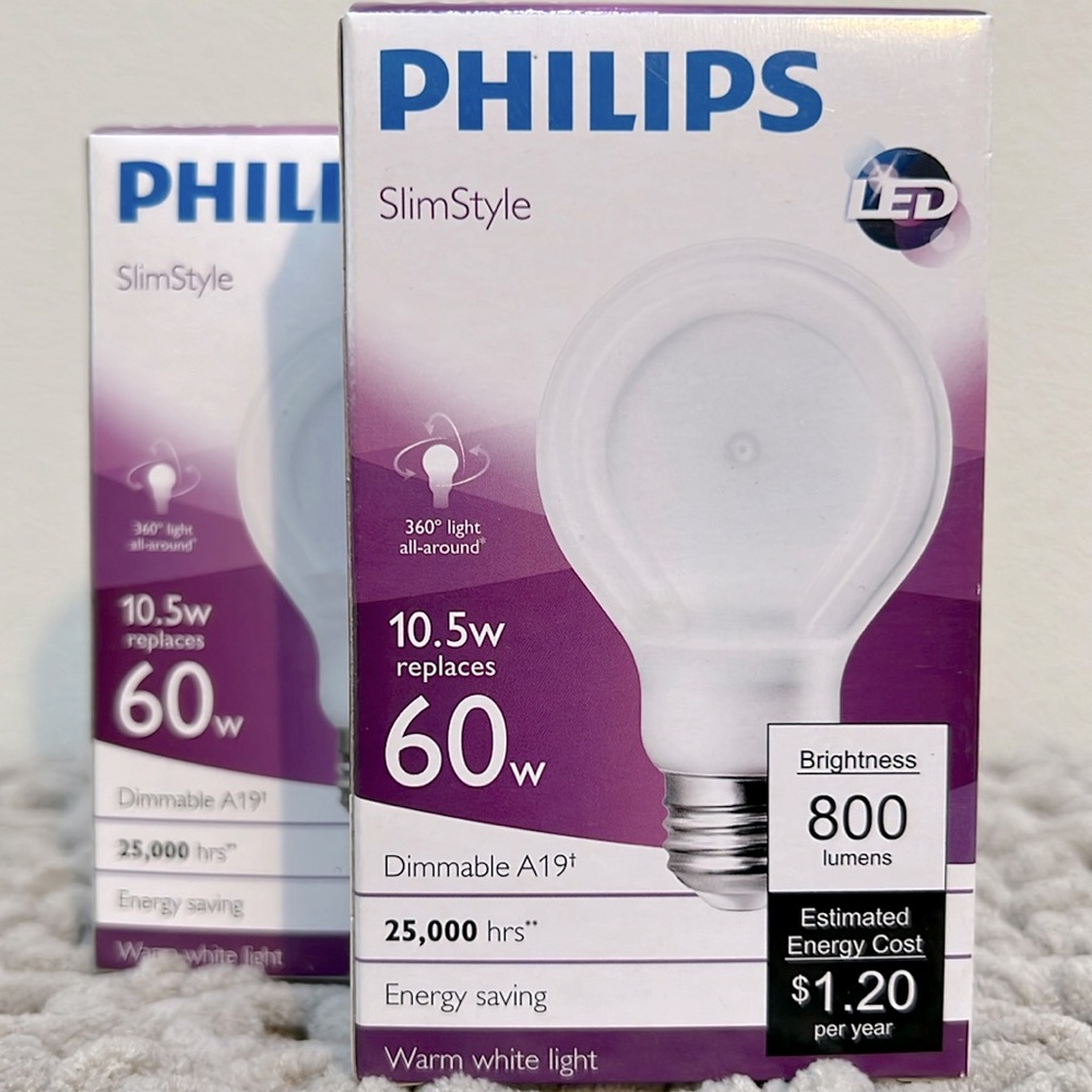 2 Philips slim style 60w dimmable light bulbs (2 light bulbs)